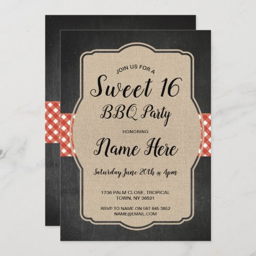 Sweet 16 Birthday Party BBQ Red Gingham Burlap Invitation