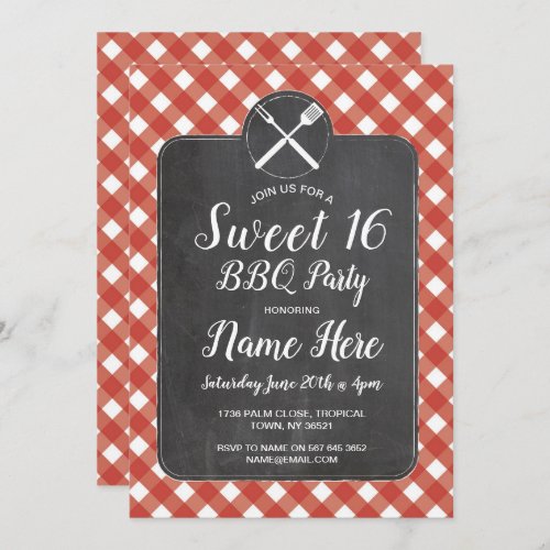 Sweet 16 Birthday Party BBQ Red Gingham Chalk Invitation