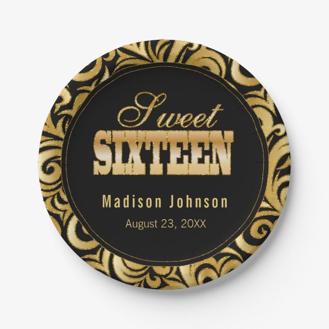 Sweet 16 Birthday Party - Black and Gold Paper Plates (Front)