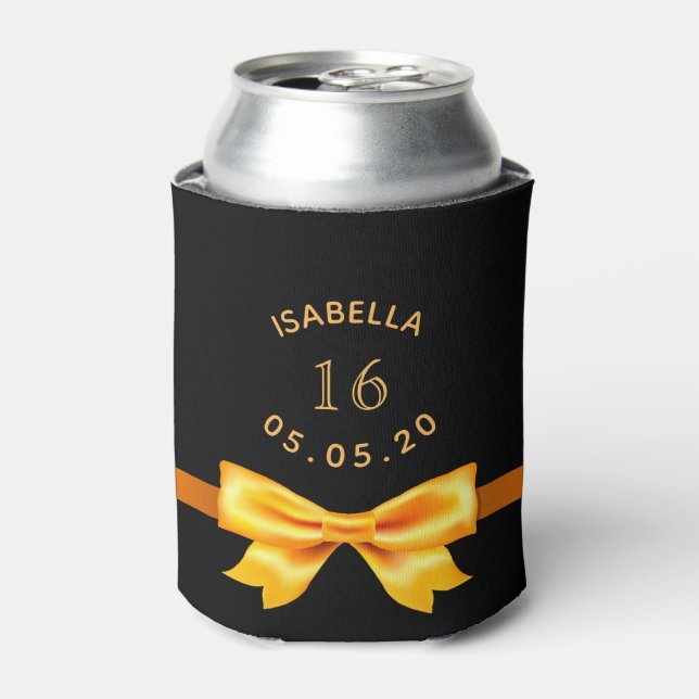 Sweet 16 birthday party black gold bow name can cooler (Can Front)