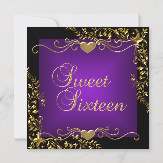 Sweet 16 Birthday Party Black Gold Deep Purple Invitation (Front)