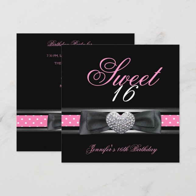 Sweet 16 Birthday Party Black Pink White Spot 3 Invitation (Front/Back)