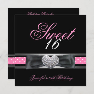 Sweet 16 Birthday Party Black Pink White Spot 3 Invitation