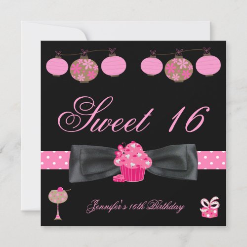 Sweet 16 Birthday Party Black Pink White Spot 4 Invitation