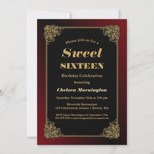 Sweet 16 Birthday Party Black Red with Gold Frame Invitation