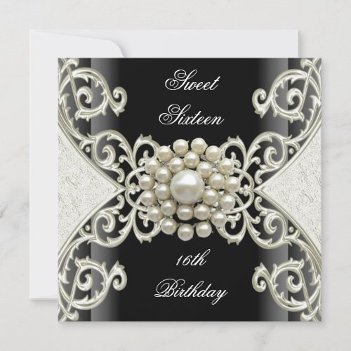 Sweet 16 Birthday Party Black White Cream Pearl Invites