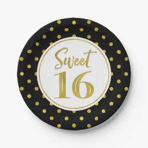 Sweet 16 Birthday Party Black White Gold Dots Paper Plates