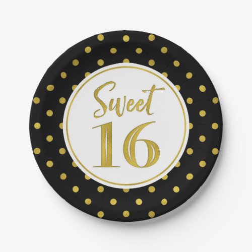 Sweet 16 Birthday Party Black White Gold Dots Paper Plates