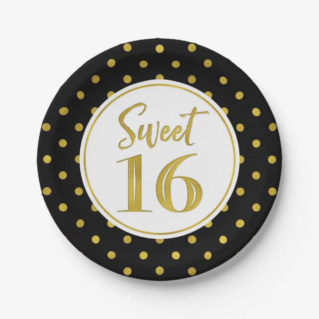 Sweet 16 Birthday Party Black White Gold Dots Paper Plates (Front)