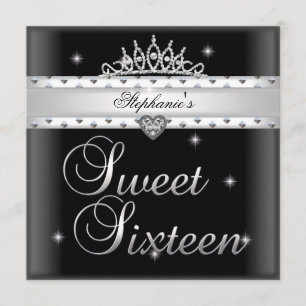 Sweet 16 Birthday Party Black White Tiara Invitation