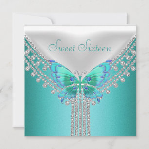 Sweet 16 Birthday Party Blue Teal White Butterfly Invitation