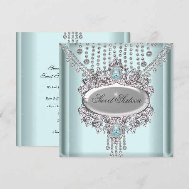 Sweet 16 Birthday Party Blue White Diamonds Invitation (Front/Back)