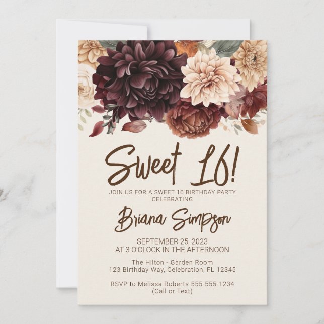 Sweet 16 Birthday Party Brown Beige Ivory Floral Invitation (Front)