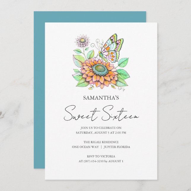 Sweet 16 Birthday Party Butterfly Theme Invitation (Front/Back)