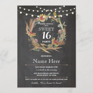 Sweet 16 Birthday Party Chalk Wreath Floral Invite