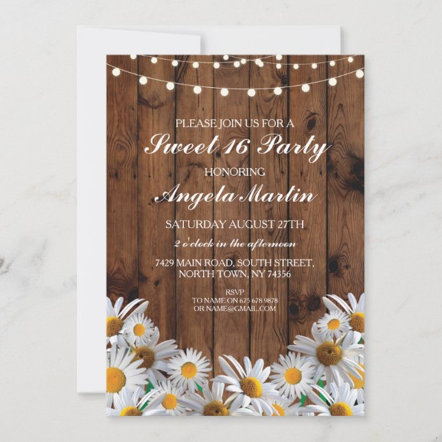 Sweet 16 Birthday Party Daisy Wood Lights Invite (Front)