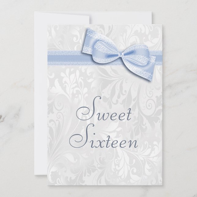 Sweet 16 Birthday Party Damask and Faux Bow Invitation (Front)
