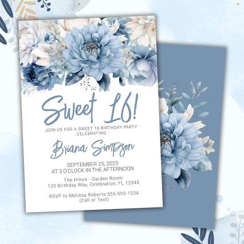 Sweet 16 Birthday Party Dusty Blue Floral Invitation
