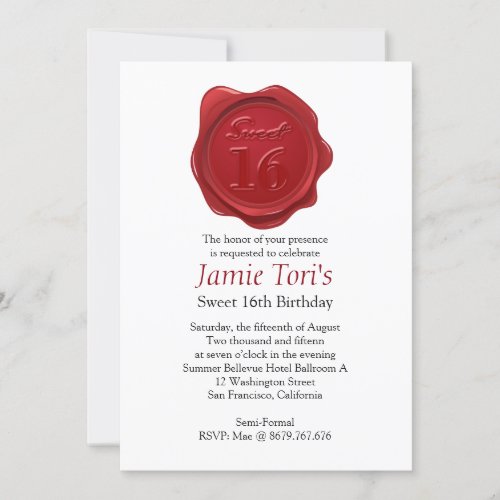 Sweet 16 Birthday Party Faux Red Wax Seal Classic Invitation