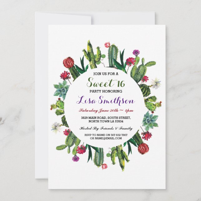 Sweet 16 Birthday Party Fiesta Cactus Invitation (Front)