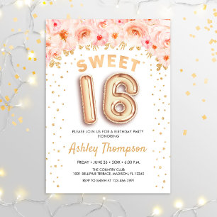 Sweet 16 Birthday Party - Floral Gold Balloons Invitation