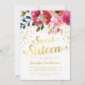Sweet 16 Birthday Party | Floral Gold Glitter Invitation (Front)