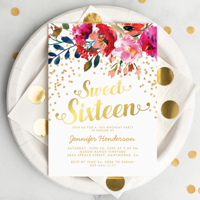 Sweet 16 Birthday Party | Floral Gold Glitter Invitation
