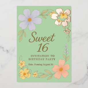 sweet 16 birthday party floral invition  foil invitation