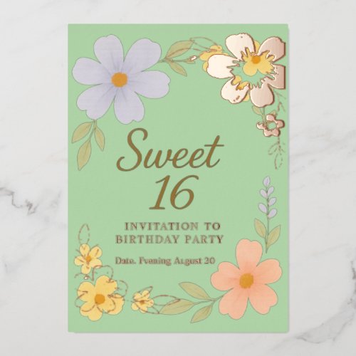 sweet 16 birthday party floral invition  foil invitation