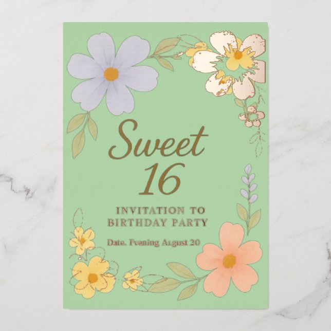 sweet 16 birthday party floral invition  foil invitation (Front)