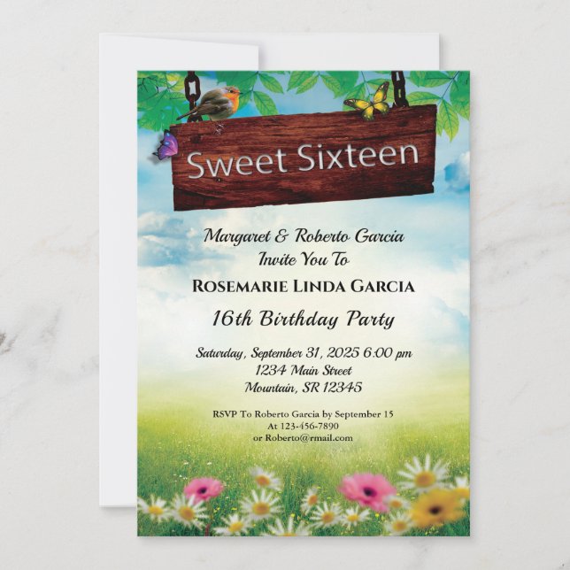 Sweet 16 Birthday Party Flowers Butterflies Custom Invitation (Front)