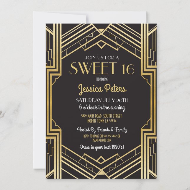 Sweet 16 Birthday Party Gatsby Art Deco Invite (Front)