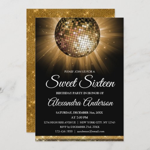 Sweet 16 Birthday Party Gold Disco Ball Invitation