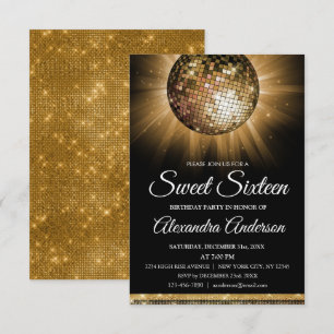 Sweet 16 Birthday Party Gold Disco Ball Invitation