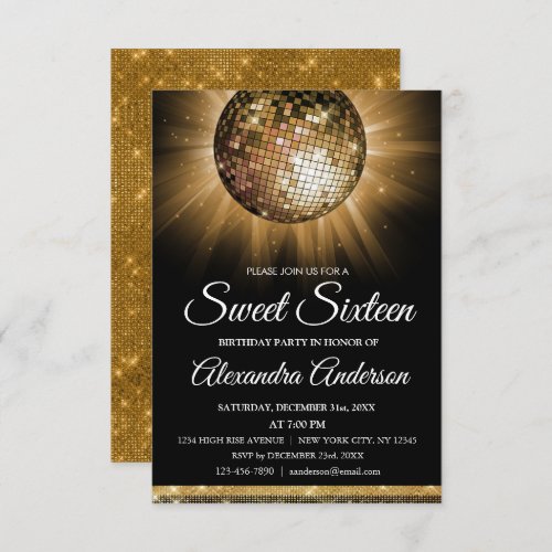 Sweet 16 Birthday Party Gold Disco Ball Invitation