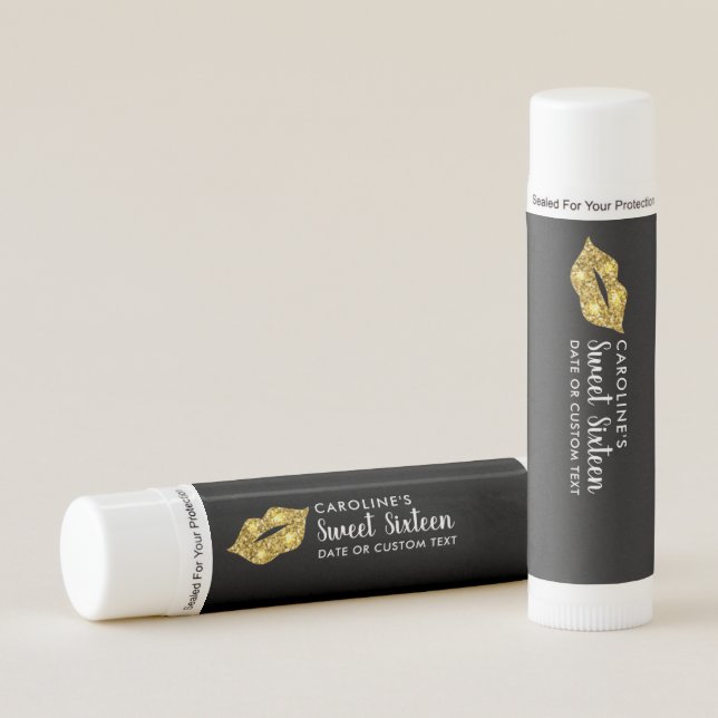 Sweet 16 Birthday Party Gold Glitter Lips Custom Lip Balm (Front)