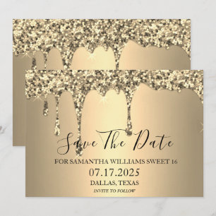 Sweet 16 Birthday Party Gold Sparkle Glitter Drips Save The Date