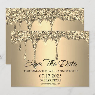 Sweet 16 Birthday Party Gold Sparkle Glitter Drips Save The Date