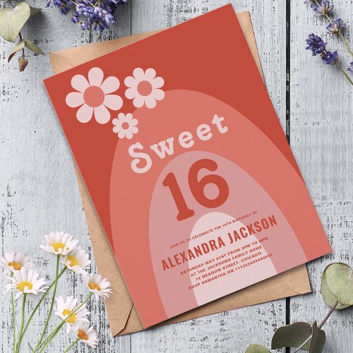 Sweet 16 Birthday Party Groovy Orange Floral Invitation Postcard