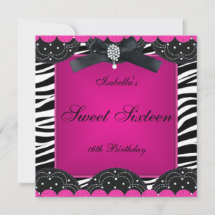 Sweet 16 Birthday Party Hot Pink Black White Zebra Invitation