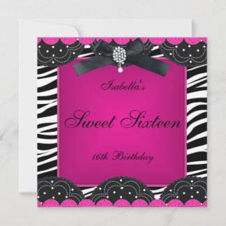 Sweet 16 Birthday Party Hot Pink Black White Zebra Invitation