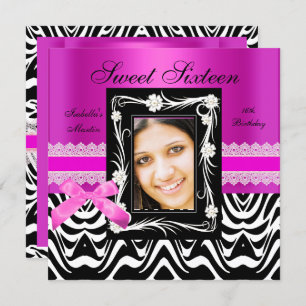 Sweet 16 Birthday Party Hot Pink Black Zebra Invitation