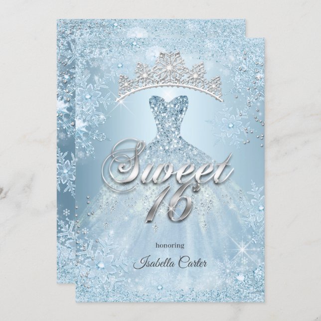 Sweet 16 Birthday Party Ice Blue Snowflake Winter Invitation (Front/Back)