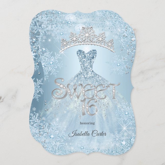 Sweet 16 Birthday Party Icy Blue Snowflake Winter Invitation (Front/Back)