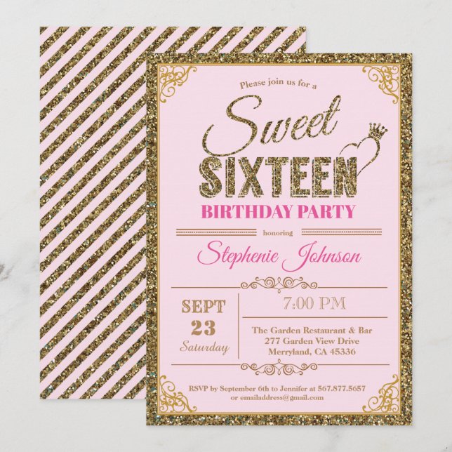 Sweet 16 birthday party invitation pink and gold (Front/Back)