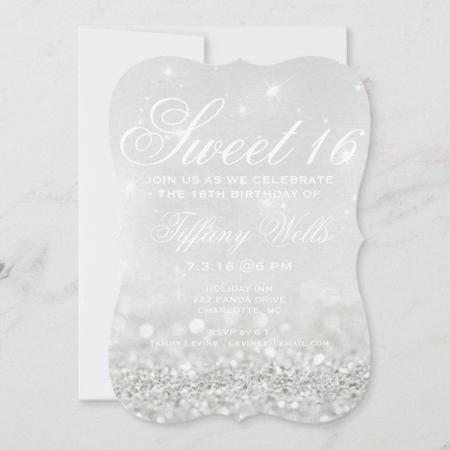 Sweet 16 Birthday Party Invite | Silver Glitterry  (Front)