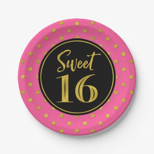 Sweet 16 Birthday Party Pink Black Gold Dots Paper Plates
