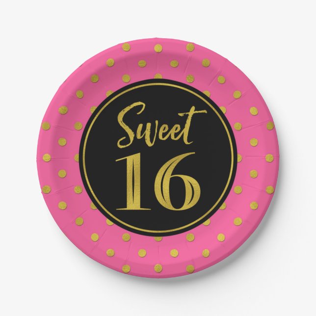Sweet 16 Birthday Party Pink Black Gold Dots Paper Plates (Front)