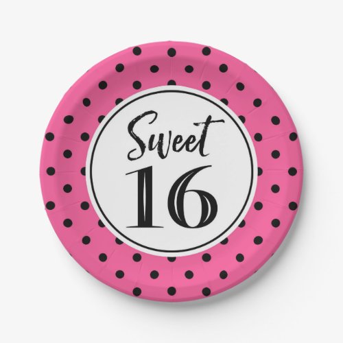Sweet 16 Birthday Party Pink Black White Dots Paper Plates