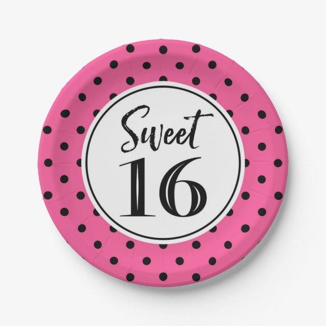 Sweet 16 Birthday Party Pink Black White Dots Paper Plates (Front)